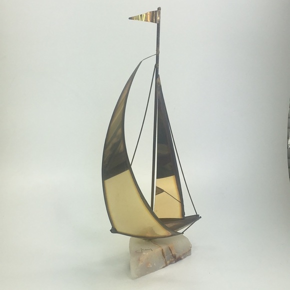 MCM Brass Metal Sailboat Sculpture Onyx Stone Signed Nautical Art 15" tall - Picture 1 of 10